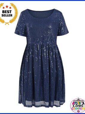 Plus Size Sequin Mini Dress Short Sleeve A-Line Cocktail Party Dress